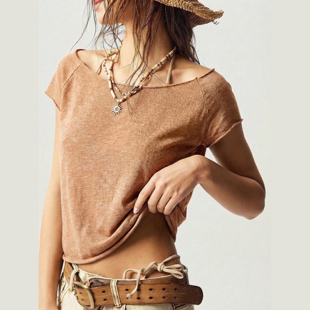 Tan Knit Boat Neck Raw Hem Crop Top